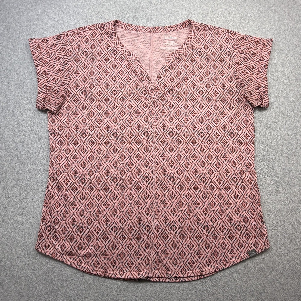 LL Bean Streamside Tee Shirt Womens XL Pink Geo Print Short Sleeve V Neck Top